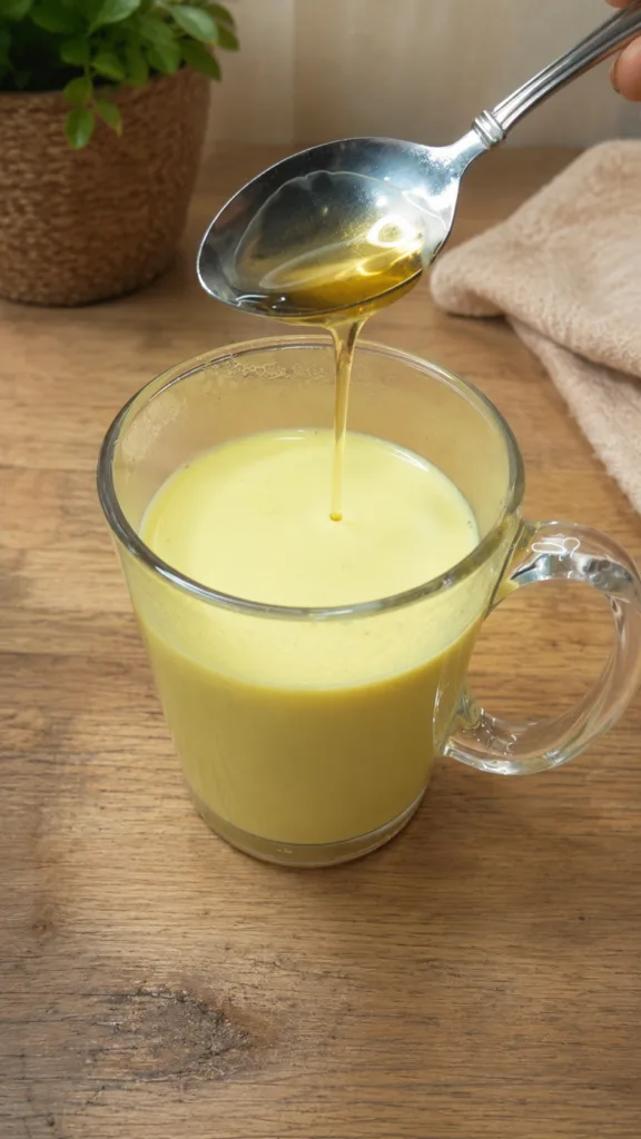 A clear glass mug filled with golden milk on a wooden surface with honey being poured into it from a silver spoon A gree