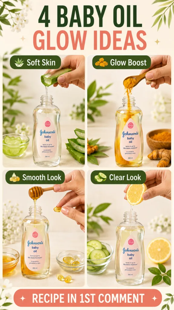 A visually appealing infographic structured into four quadrants showcasing different DIY beauty recipes using Johnson s 