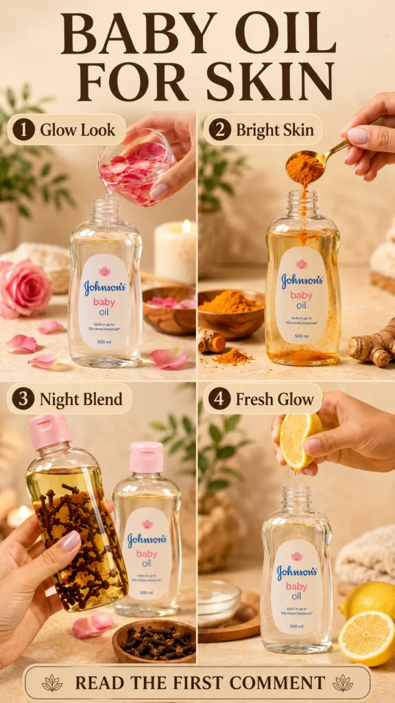 A 2x2 grid showcasing hands interacting with Johnson s Baby Oil bottles and various natural ingredients like rose petals
