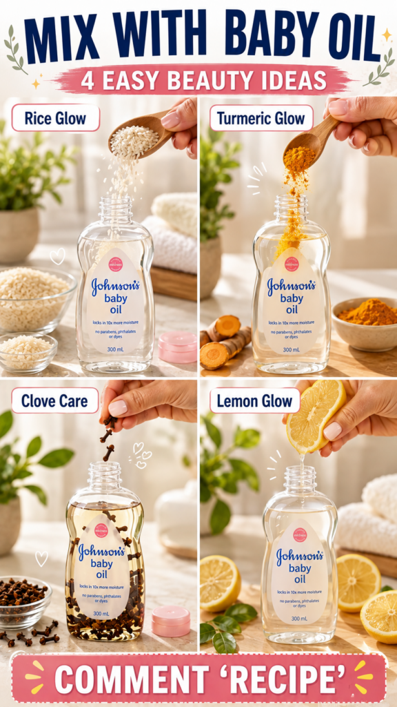 A four-panel collage showing hands adding natural ingredients rice turmeric cloves lemon juice into bottles of Johnson s
