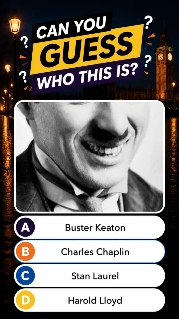 Black and white close-up of a smiling Charles Chaplin in a quiz format with multiple choice options below and a blurred 
