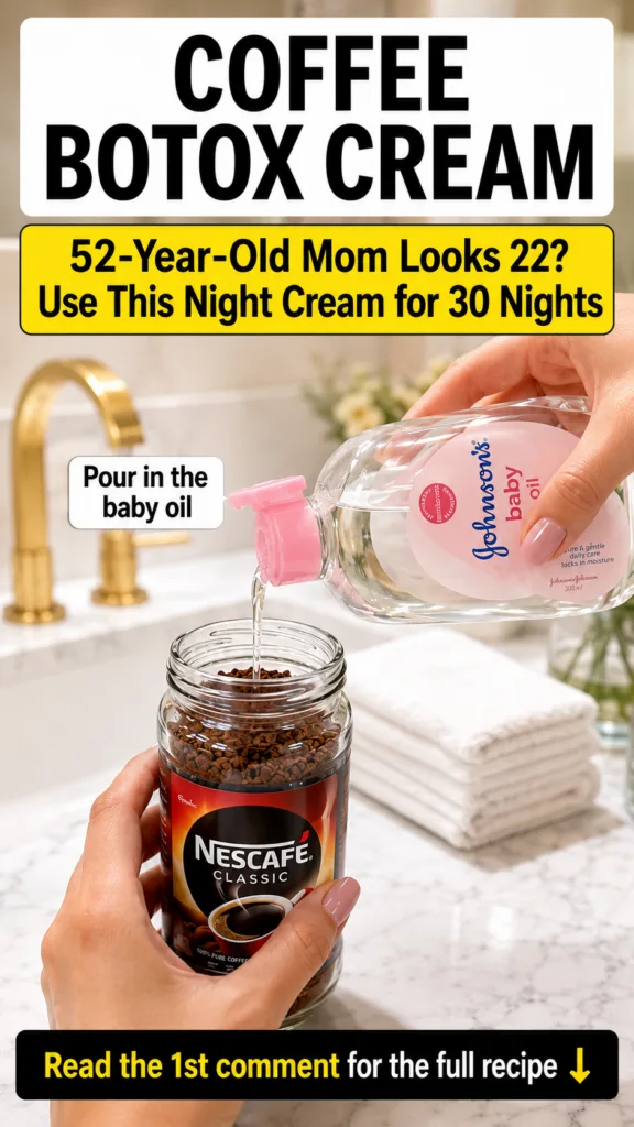 Close-up of hands mixing Nescafe Classic coffee granules and Johnson s baby oil in a jar on a bathroom counter