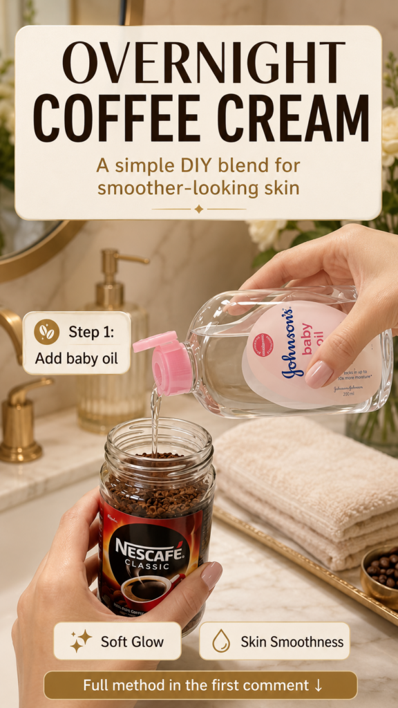 Hands pouring Johnson s baby oil into a jar of Nescafé Classic instant coffee granules