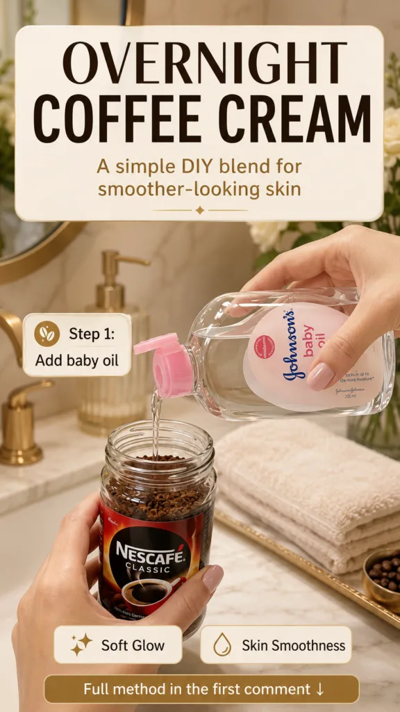 Hands pouring Johnson s baby oil into a jar of Nescafé Classic instant coffee granules