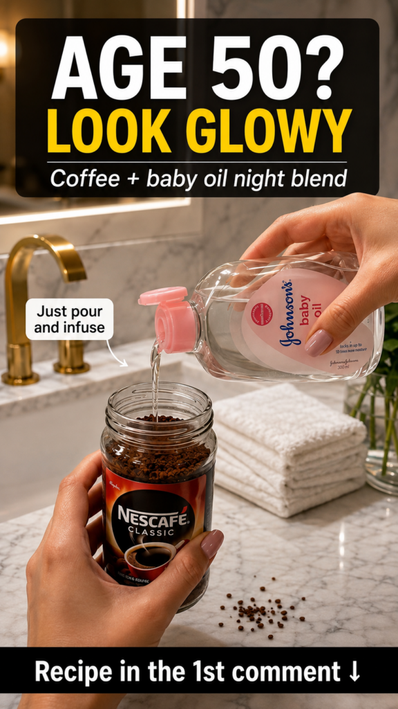 A person pouring baby oil into a glass jar filled with instant coffee granules