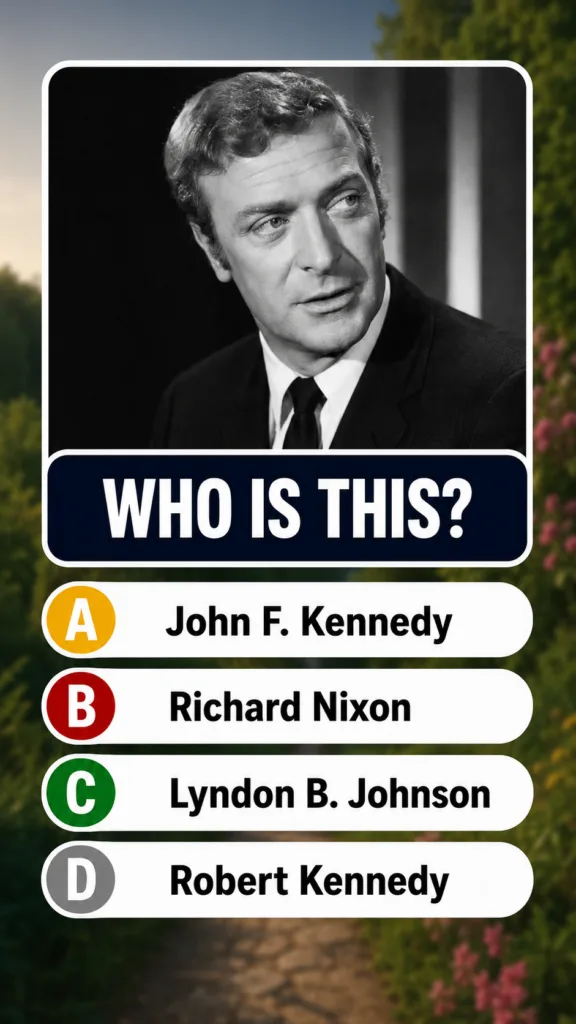 Black and white portrait of Michael Caine possibly from a multiple-choice quiz with political figures as other options