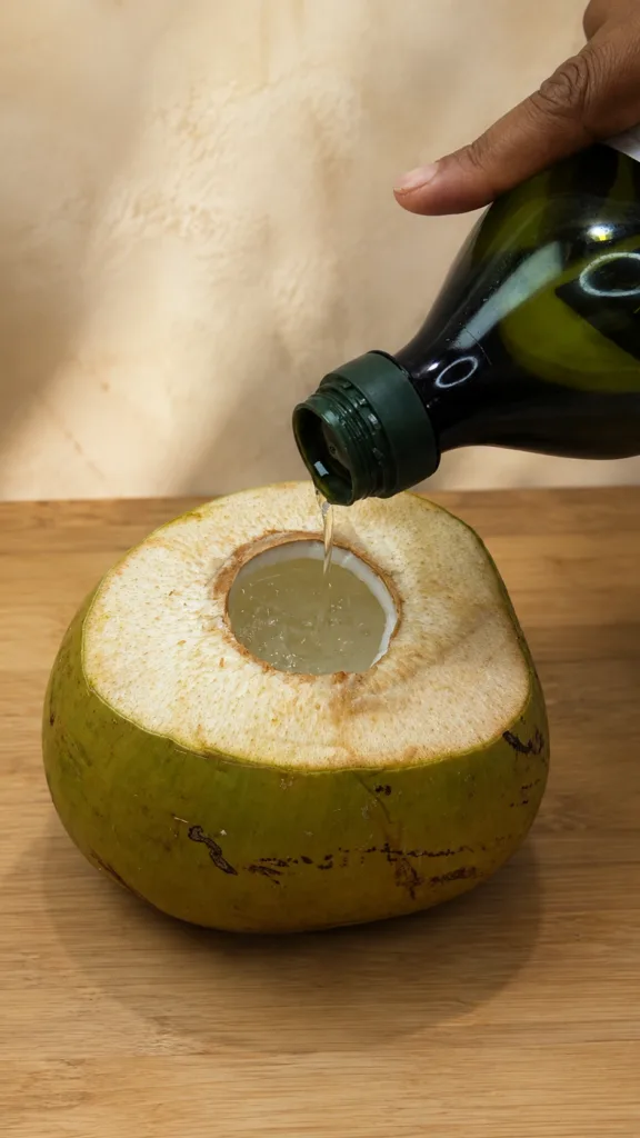 A hand pouring clear liquid from a dark green bottle into a freshly cut green coconut on a light wooden surface showing