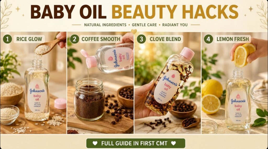 A multi-panel image showing four different baby oil beauty hacks Each panel features a bottle of Johnson s baby oil acco
