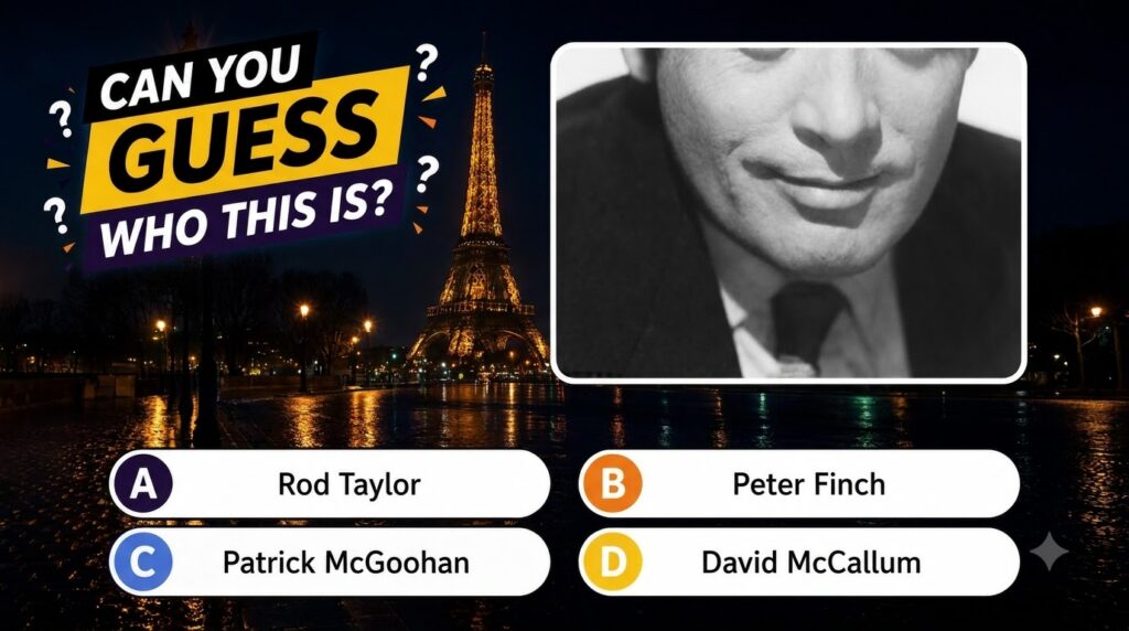 A black and white close-up photo of a man s lower face presented as a quiz question with a vibrant night scene of Paris 