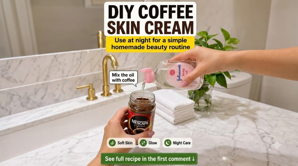 Close-up of hands pouring baby oil into a jar of instant coffee granules on a bathroom counter
