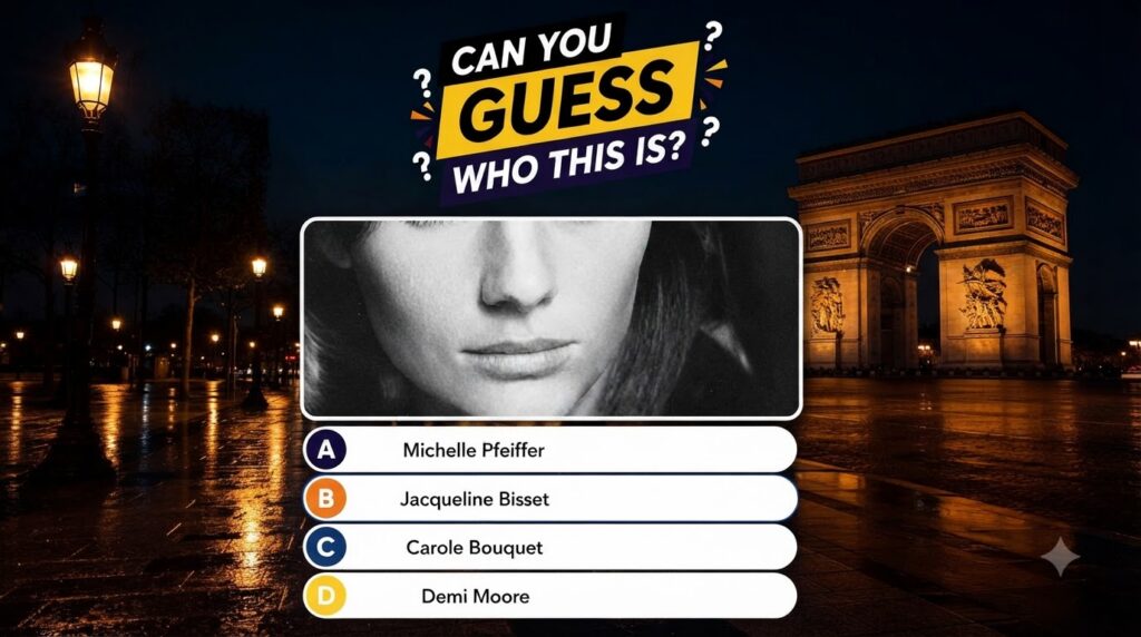 A vertical quiz graphic for social media featuring a black and white close-up portrait of Audrey Hepburn s face framed i
