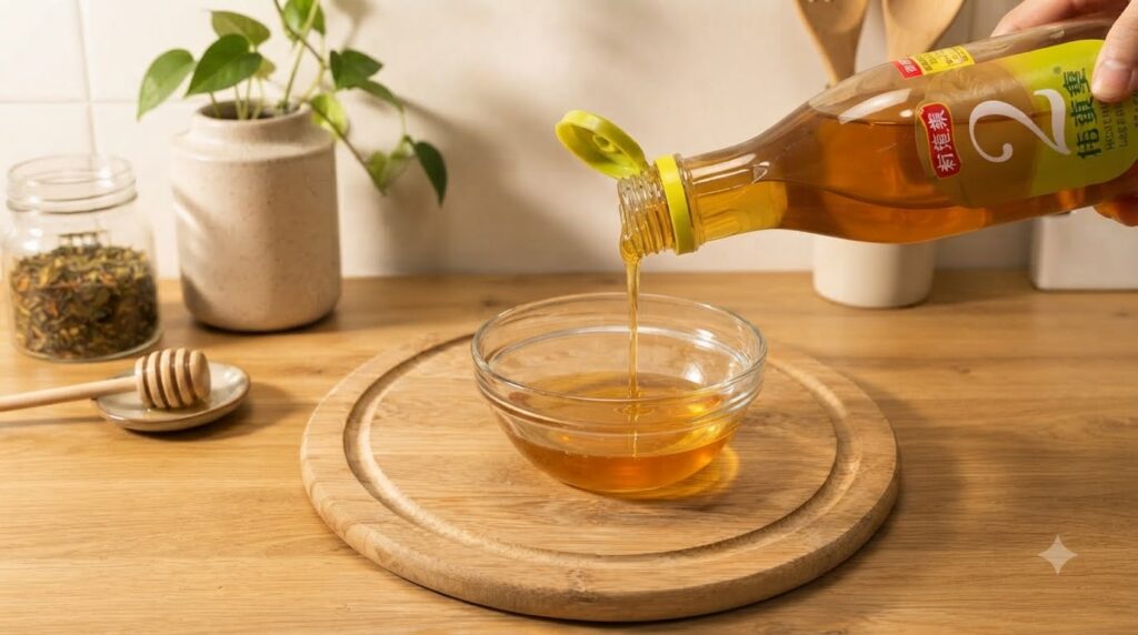 A clear bottle pouring a stream of golden honey into a small glass bowl centered on a round wooden cutting board In the 