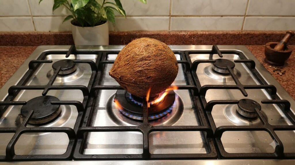 A whole husked coconut resting on the grate of a gas stove burner with a blue and orange flame licking at its underside
