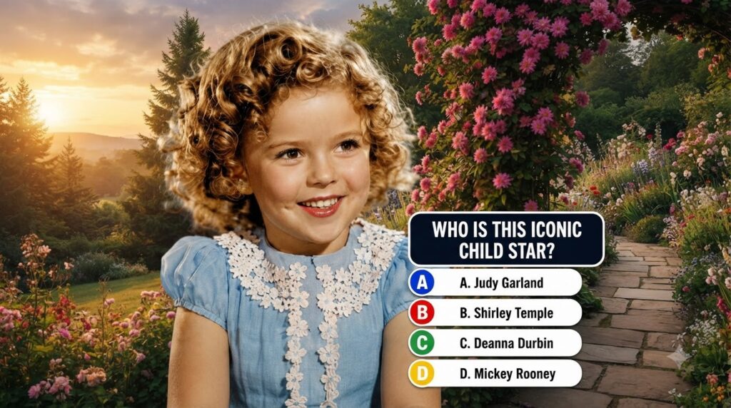 A quiz image showing a smiling child with curly blonde hair in a blue dress with a lace collar with the question WHO IS