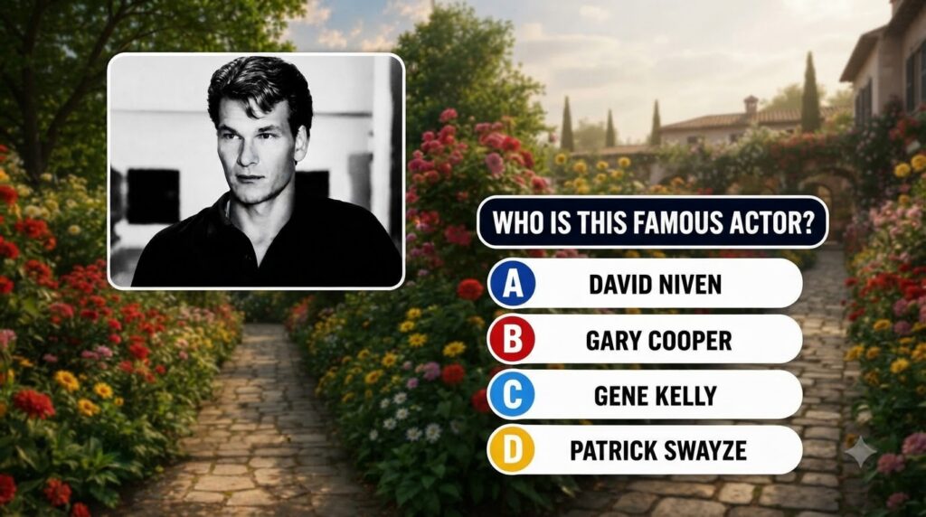 black and white portrait of actor Patrick Swayze within a mobile quiz interface