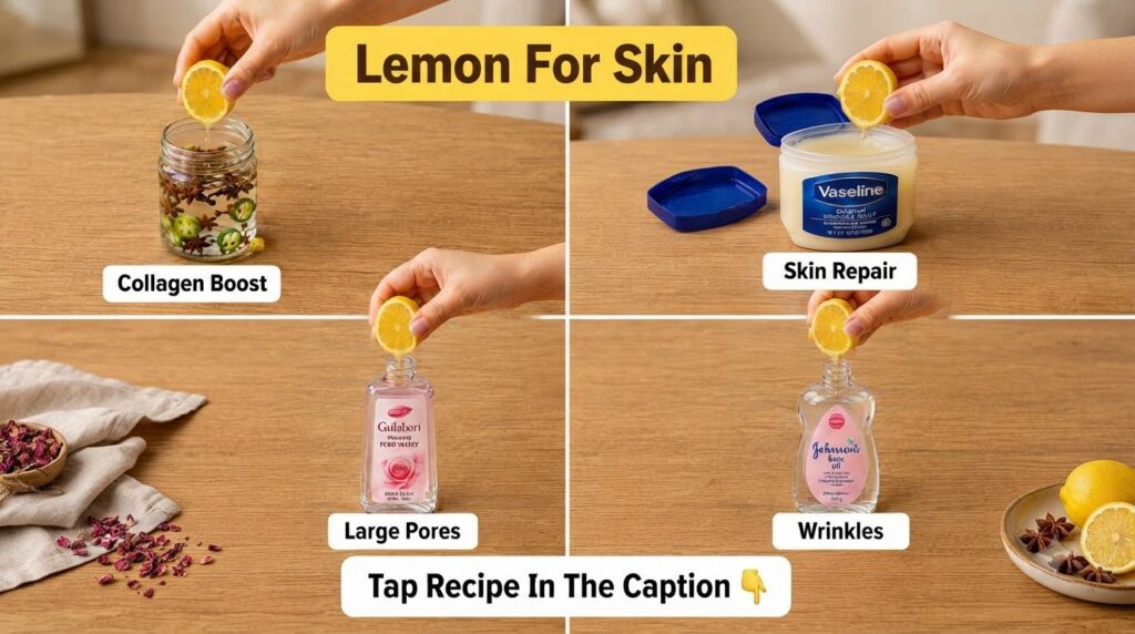 A collection of DIY beauty ingredients featuring lemons star anise green peppers a small tub of Vaseline a bottle of ros