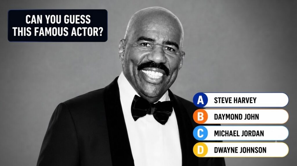 Black and white portrait of Steve Harvey in a tuxedo for a quiz with the question CAN YOU GUESS THIS FAMOUS ACTOR