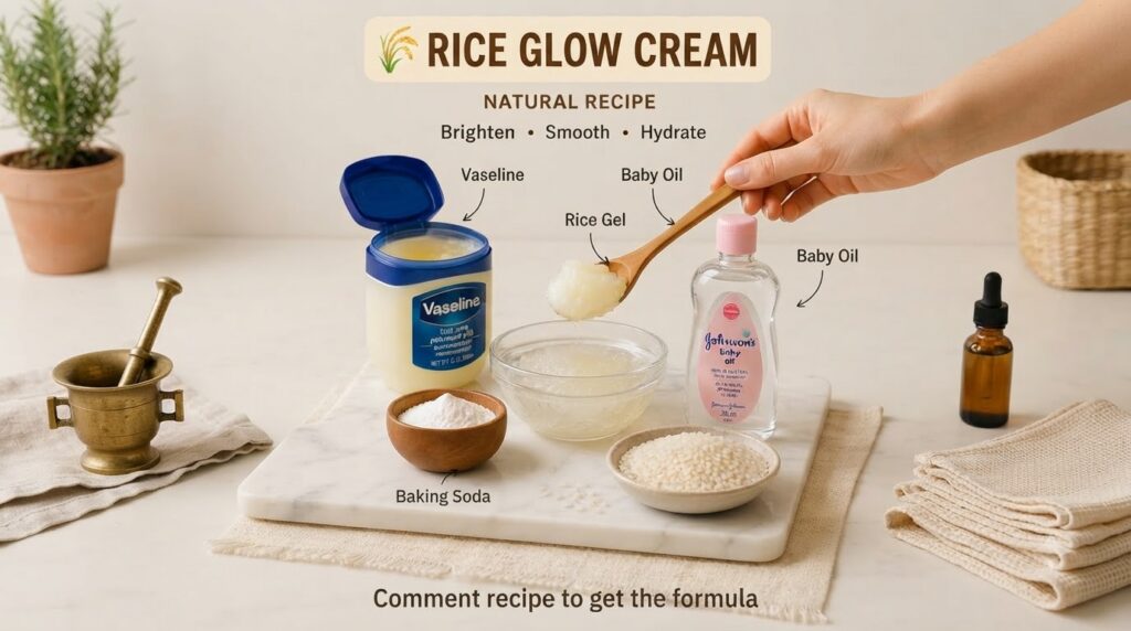 A flat lay composition of ingredients for a Rice Glow Cream an open jar of Vaseline a glass bowl of rice gel with a wood