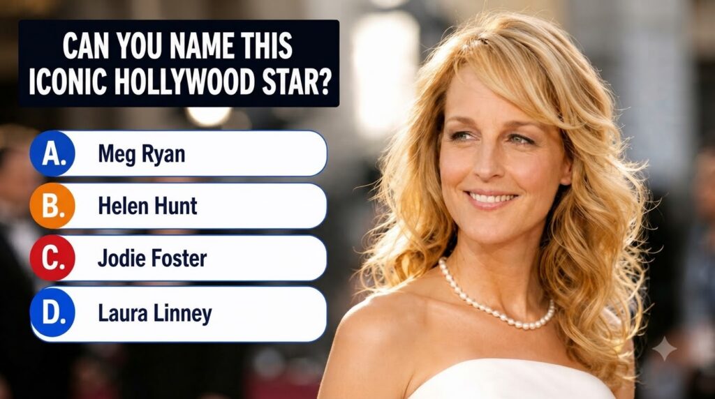 A headshot of Helen Hunt smiling with wavy blonde hair and a pearl necklace in a quiz format