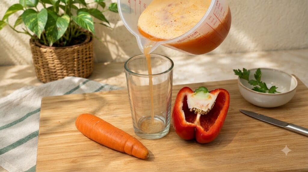 A clear glass of frothy orange juice with a carrot and a halved red bell pepper on a wooden cutting board a measuring ju