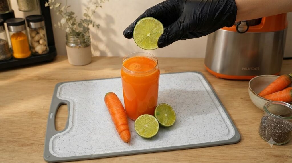A clear glass filled with vibrant orange carrot juice with a hand squeezing a lime slice above it A whole carrot and lim