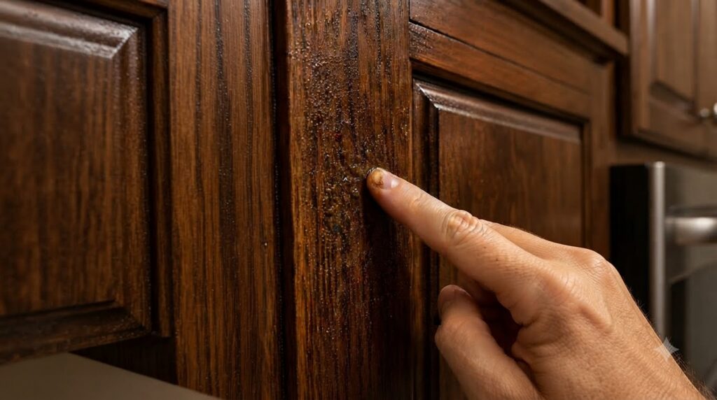 A human finger touching a dark wooden surface with liquid droplets suggesting a cleaning or testing process