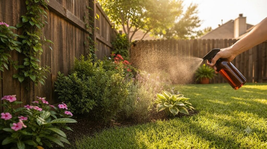 A hand holding a spray bottle misting a green plant by a wooden fence in golden hour light symbolizing natural care