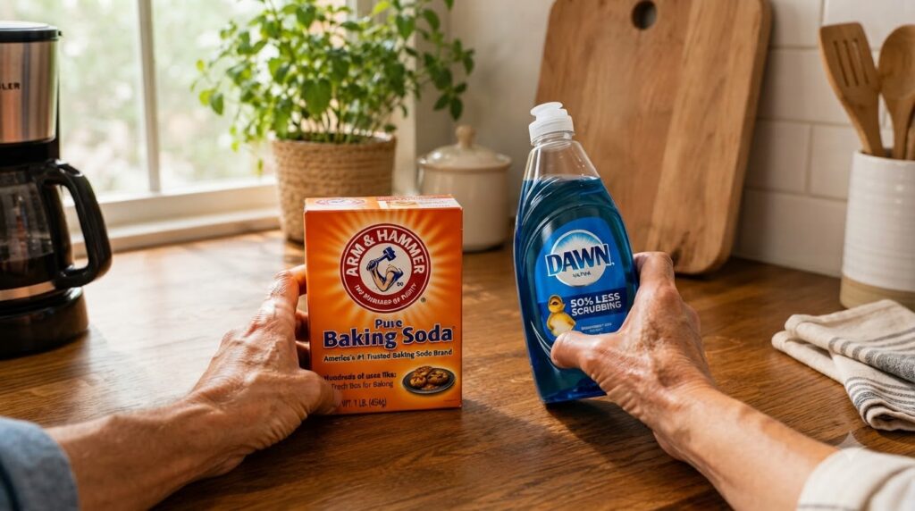 Hands holding a box of baking soda and a bottle of dish soap over a wooden kitchen counter