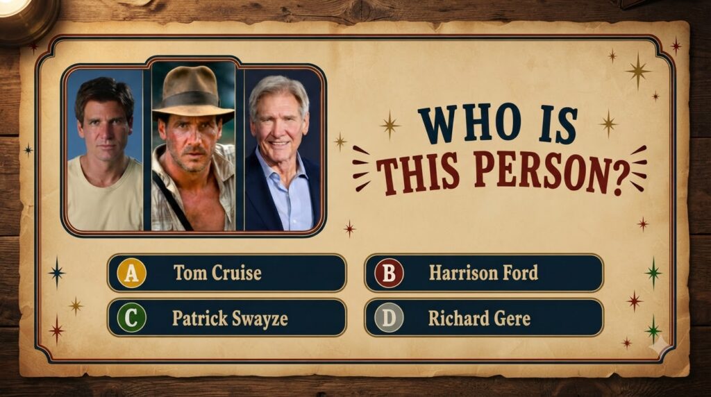 A vintage-style quiz poster asking WHO IS THIS PERSON featuring three distinct portraits of actor Harrison Ford across d