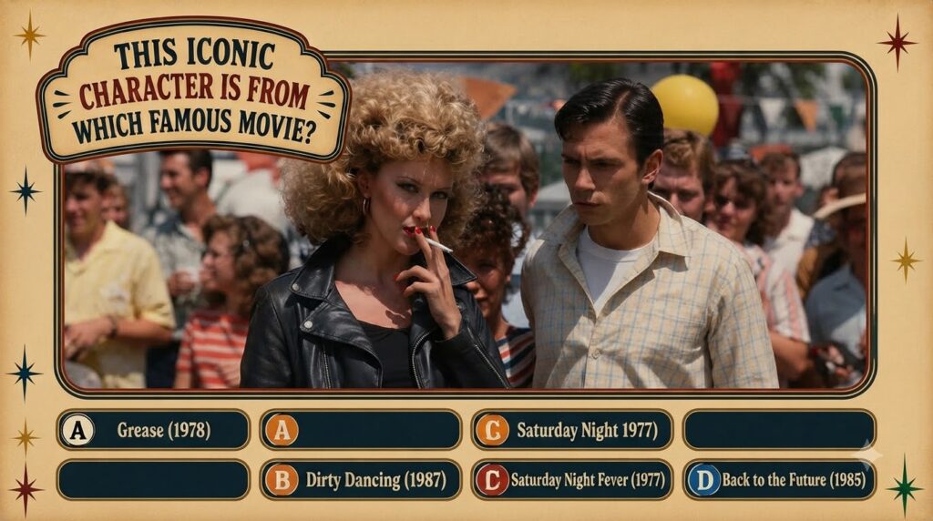 A vintage-style quiz card showing a still from the movie Grease featuring Olivia Newton-John as bad girl Sandy and John 