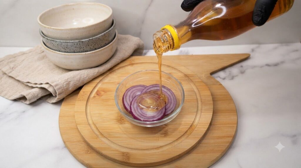 Honey being poured over sliced red onions in a glass bowl