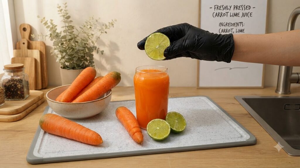 A clear glass filled with vibrant orange carrot juice topped with small bubbles A black-gloved hand holds a freshly cut