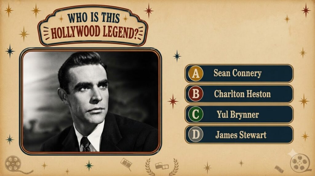 Vintage-style quiz poster with a black and white portrait of a young Sean Connery