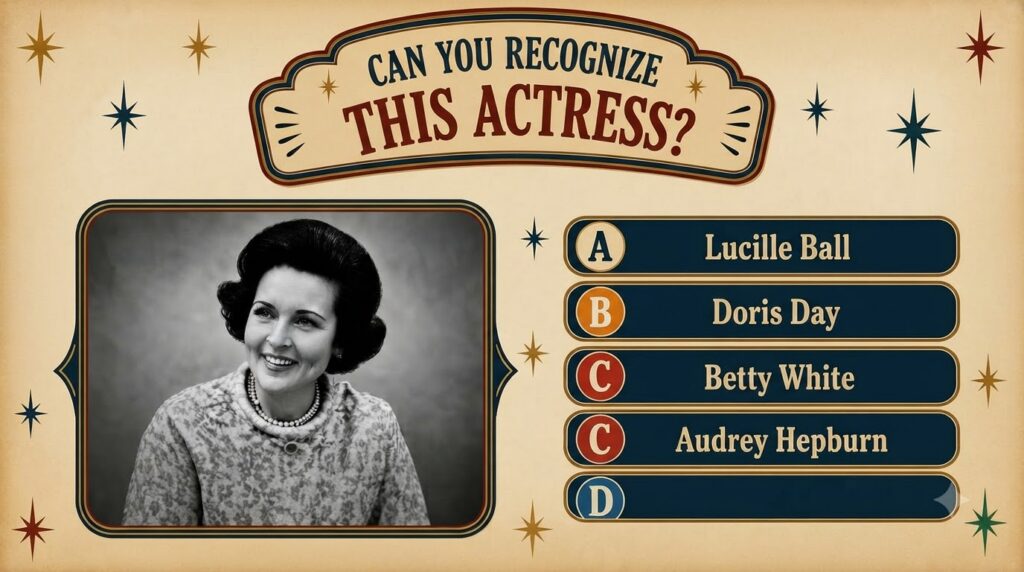A vintage-style quiz poster featuring a black and white portrait of a smiling Betty White with multiple-choice options