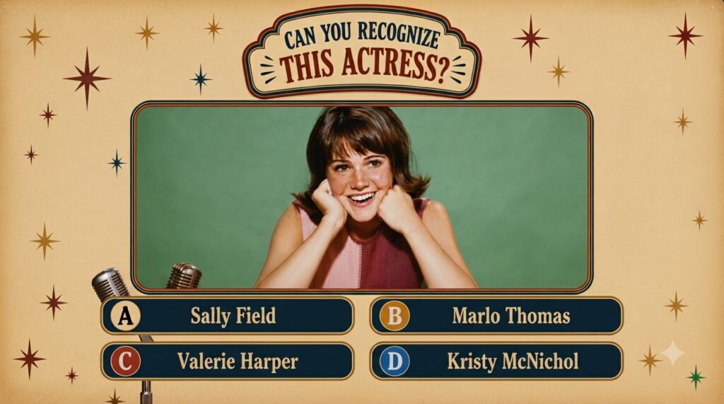 A retro-style quiz poster featuring a smiling young Sally Field resting her chin on cupped hands wearing a two-tone pink
