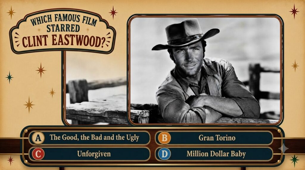 A vintage-style quiz graphic featuring a central black and white portrait of a young Clint Eastwood in a cowboy hat with