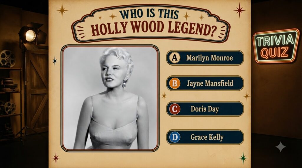 A vintage-style quiz poster with a black and white portrait of Marilyn Monroe and four multiple-choice options