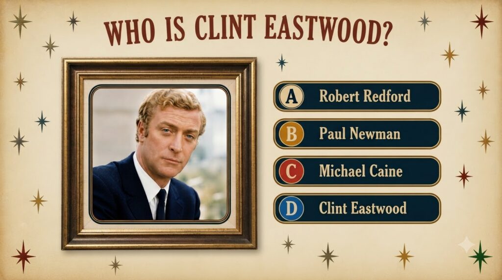 A retro-themed quiz poster featuring a prominent portrait of Michael Caine with the question WHO IS CLINT EASTWOOD at th