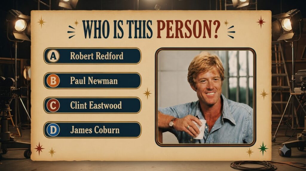 A retro-themed quiz card with a headshot of a smiling Robert Redford holding a cup framed in a decorative border The que