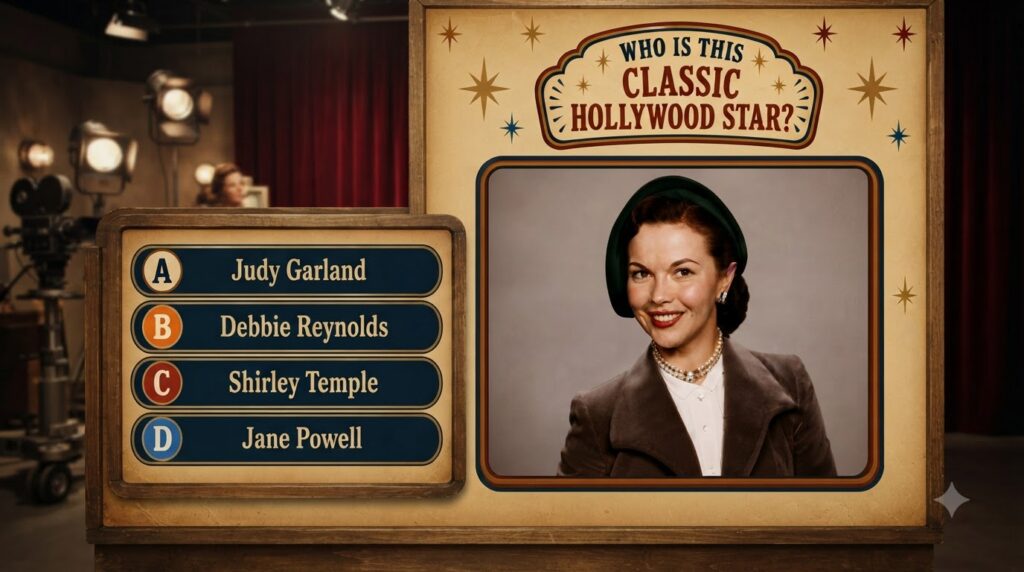 A vintage-style quiz poster asking Who is this CLASSIC HOLLYWOOD STAR with a framed portrait of a smiling Debbie Reynold