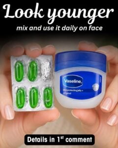A small jar of petroleum jelly Vaseline next to an opened green capsule with its oily contents being gently squeezed out