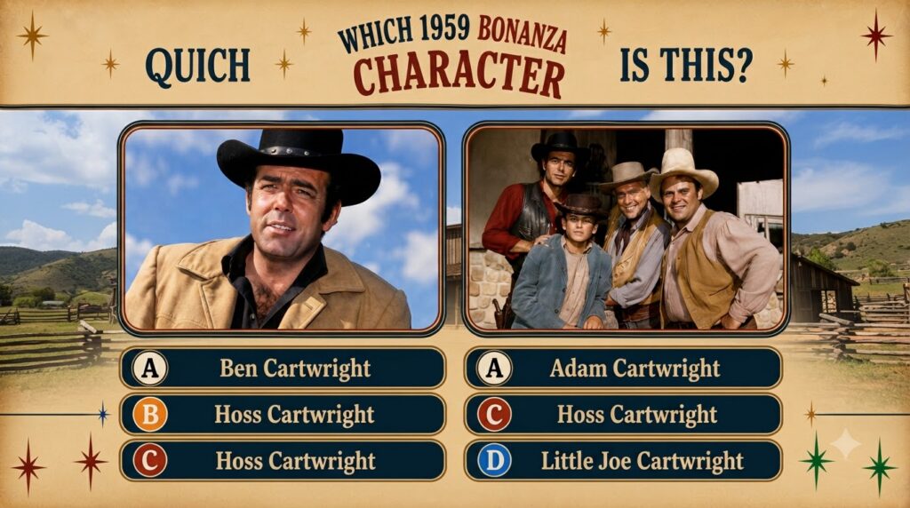 Retro-style quiz poster featuring Adam Cartwright Pernell Roberts from Bonanza with a close-up portrait and a group phot