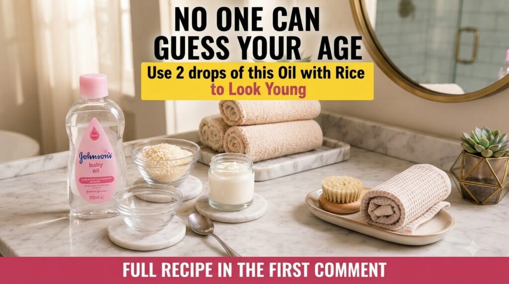A flat lay composition on a marble countertop featuring a bottle of baby oil a bowl of rice an empty small glass bowl a