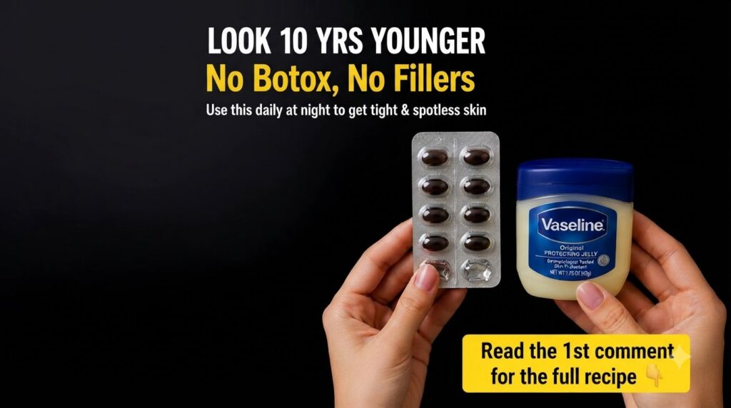 Hands holding a blister pack of dark beauty capsules and a jar of Vaseline Original Protecting Jelly against a dark back