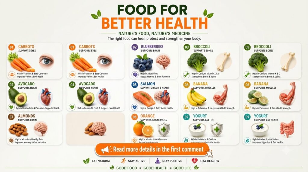 An infographic titled Food for Better Health showing a grid of nine healthy food items like berries leafy greens nuts an