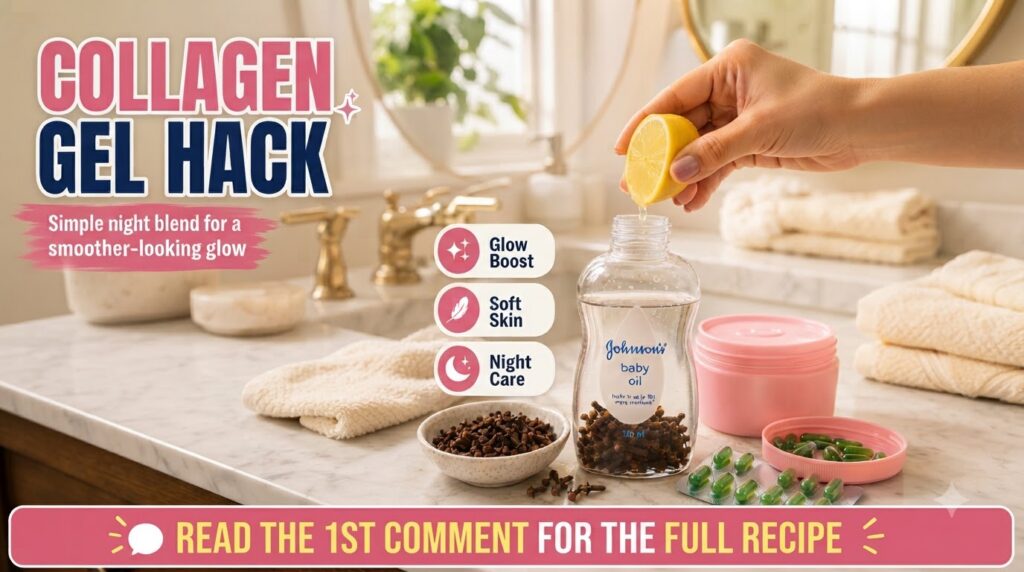 A hand squeezing a lemon into a bottle of Johnson s baby oil filled with cloves with a small bowl of cloves and vitamin 