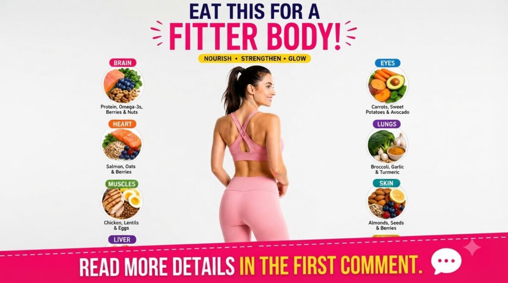 A fit woman in athletic wear smiling surrounded by infographics of body parts Brain Heart Muscles Liver Eyes Lungs Skin 