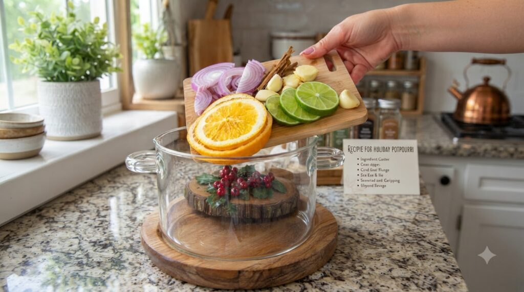 A collection of vibrant fresh ingredients like sliced red onions orange and lime slices garlic cloves ginger and cinnamo