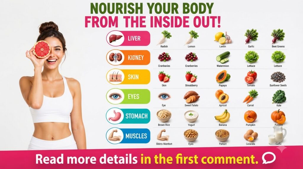 An infographic showing a smiling woman holding a grapefruit with various fruits vegetables and healthy foods linked to s