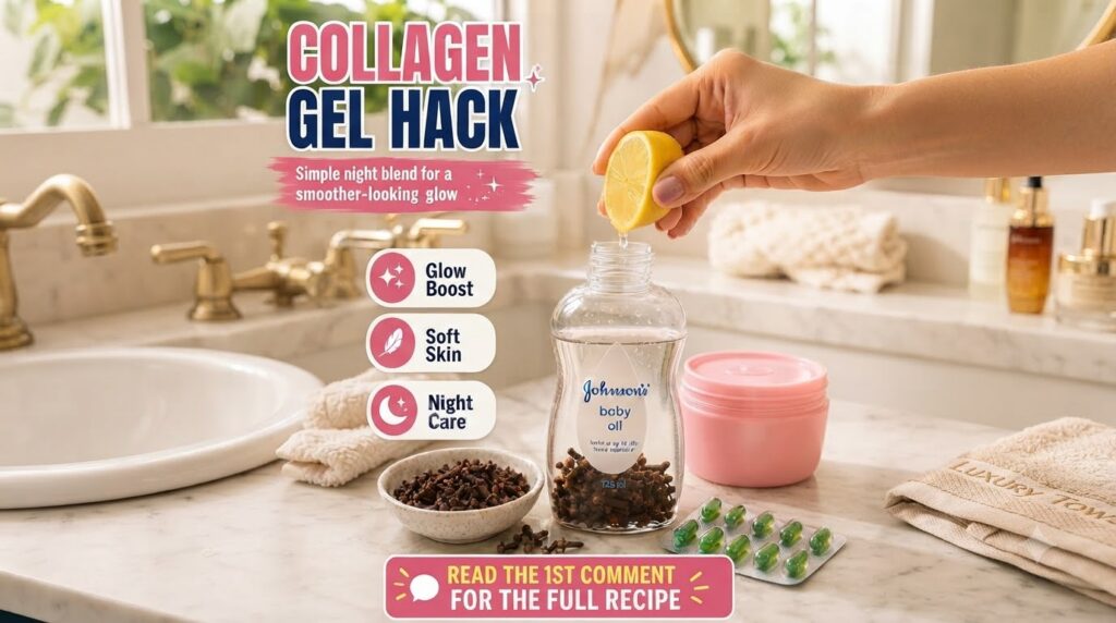 A hand squeezing a fresh lemon into a bottle of baby oil containing cloves Alongside are a bowl of cloves green gelatin 